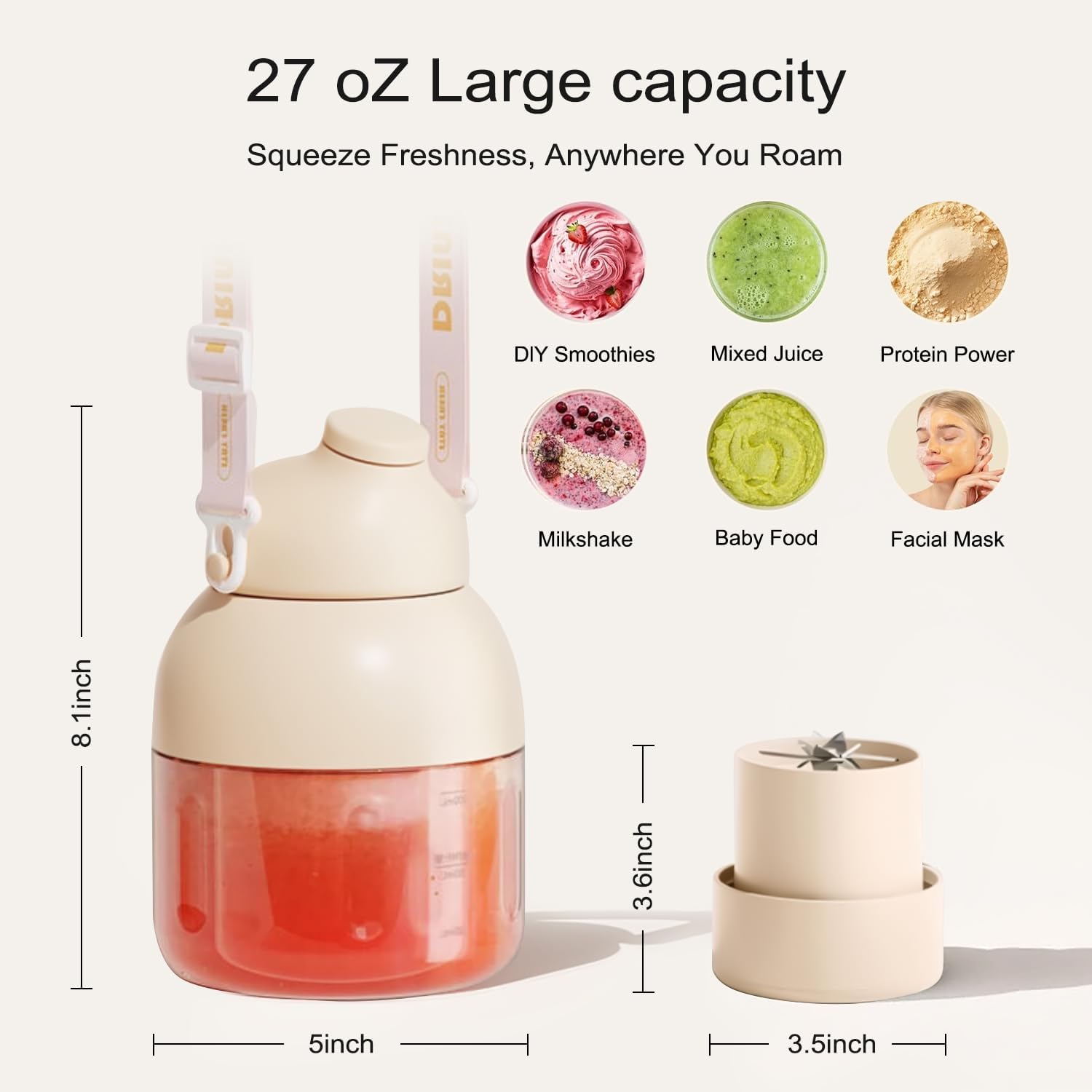 Portable Blender, Personal Blender for Shakes and Smoothies, 27oz Cup with 10 Blades, Shoulder Strap and Lid with Straw, Type-C USB Rechargeable, Dishwasher Safe Parts, BPA Free, Beige