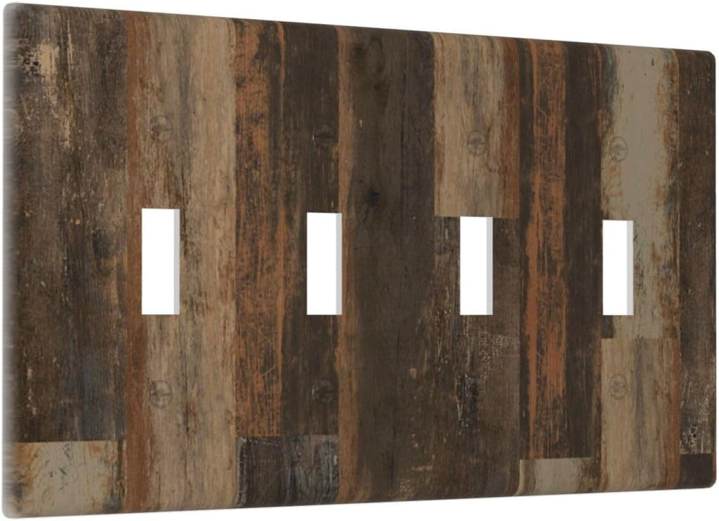 Rustic Brown Wood Grain Dark Oak Light Switch Covers Quad Toggle Electrical Faceplate 4 Gang Wall Plate Decorative Switch Plates for Farmhouse Home Decor