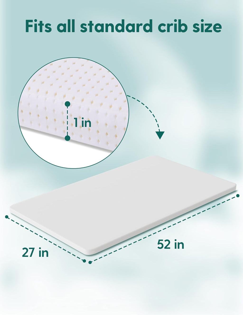 BABELIO Machine Washable Crib Mattress Topper, Soft Breathable Silicone Foam Toddler Mattress Topper Pad with Removable Zipper Cover 52" x 27" x 1"