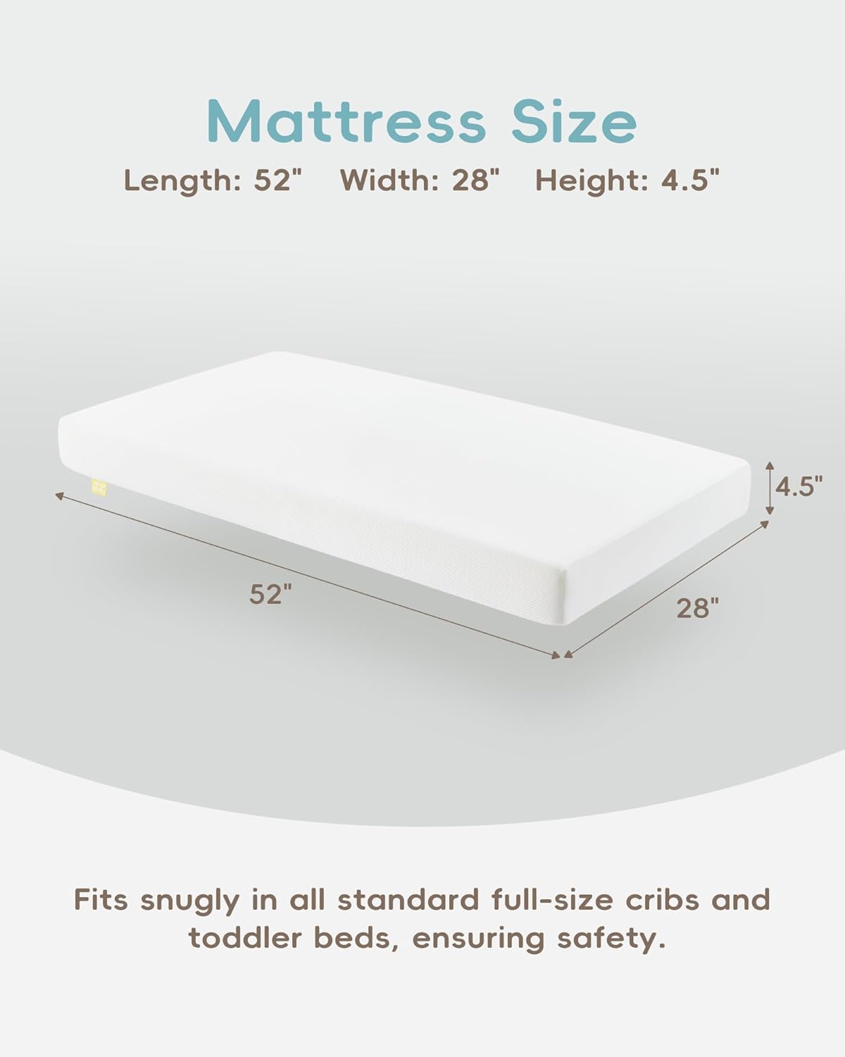 Crib Mattress, JPMA Certified Baby Mattress, Breathable Surface, CertiPUR-US and Oeko-TEX Approved, Standard Full Size for Crib & Toddler Bed, Waterproof Machine Washable Cover, 52” x 27.6”