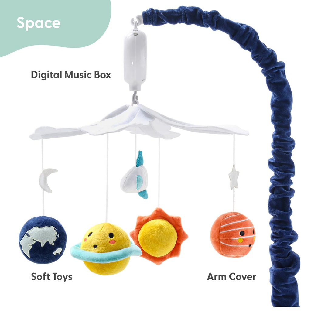 The Peanutshell Crib Mobile for Boys or Girls - White and Dark Blue Musical Baby Crib Mobile with 12 Lullabies, Planets Baby Spectacular Space Nursery Decor