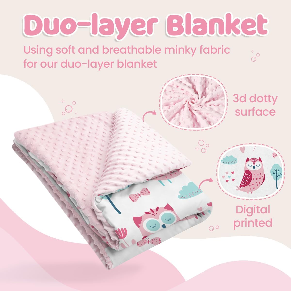 Owl Kid Blanket for Girl - Soft Kids Throw Minky Blankets with Dotted Backing for Girls - Kids Nursery Crib Blanket 30x40