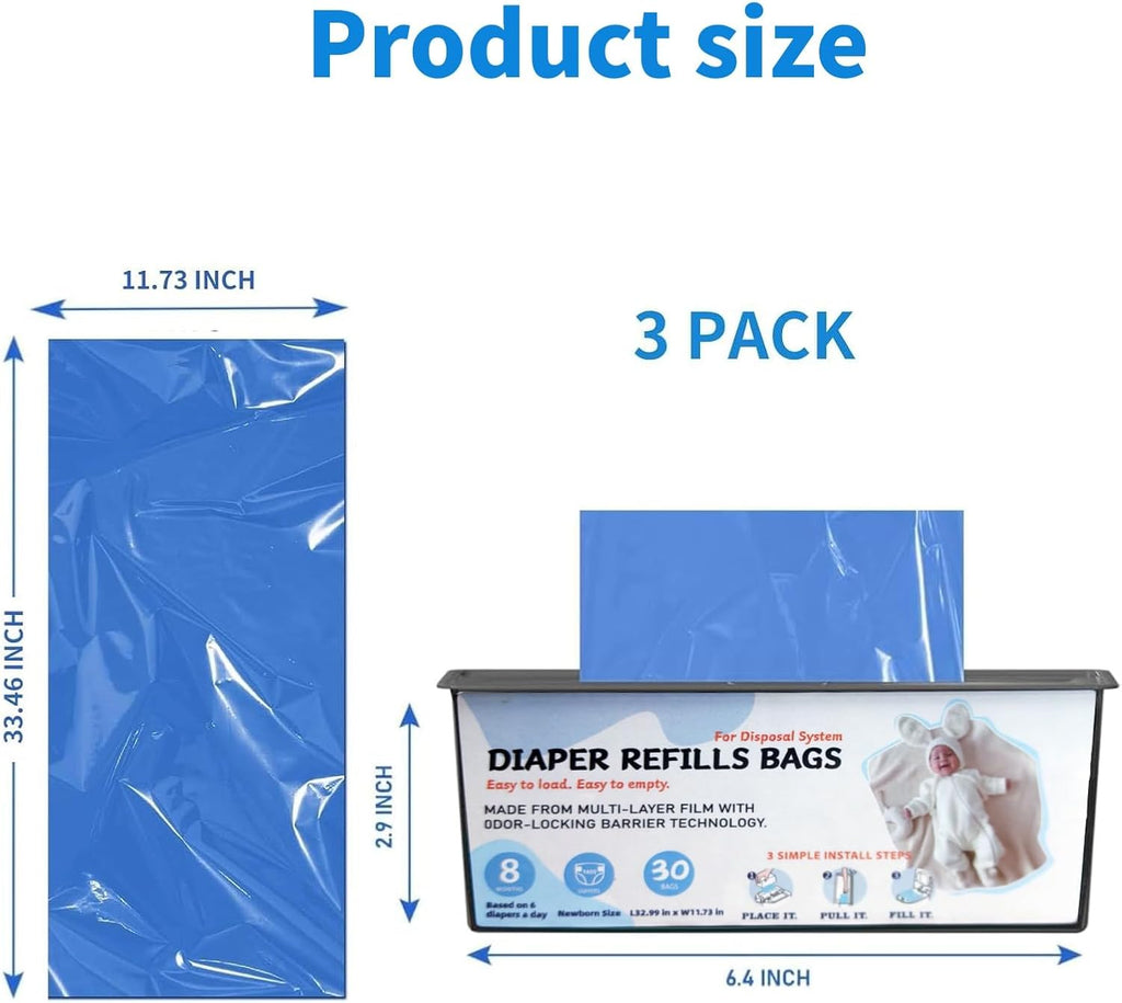Diaper Pail Refills Bags with 30 Bags, Compatible with Genie Easy Roll Signature Diaper Pail and Platinum Diaper Pail, 7-Layer Odor-Barrier Technology, 3 Pack (90 Bag)