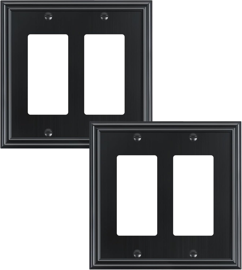 2-Pack Decorative Double Decorator Outlet Cover Plate, Durable Zinc Alloy Black Wall Plates for Electrical Outlets, Receptacle, GFCI Outlet, Dimmer Switch, 2-Gang, Corrosion Resistant