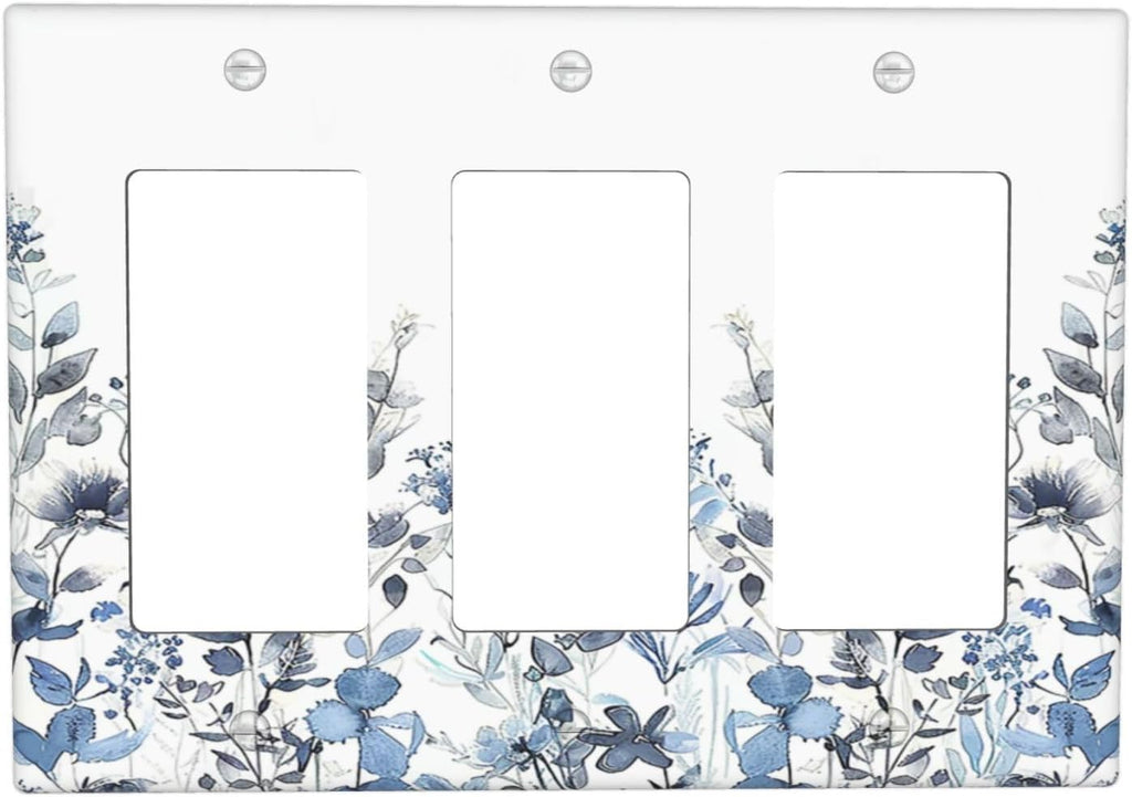 Light Switch Covers Light Blue Watercolor Leaves Plant With Floral 3 Gang Rocker Electrical GFCI Decorative Triple Outlet Wall Plate Cover Switchplate for Bedroom Bathroom Decor