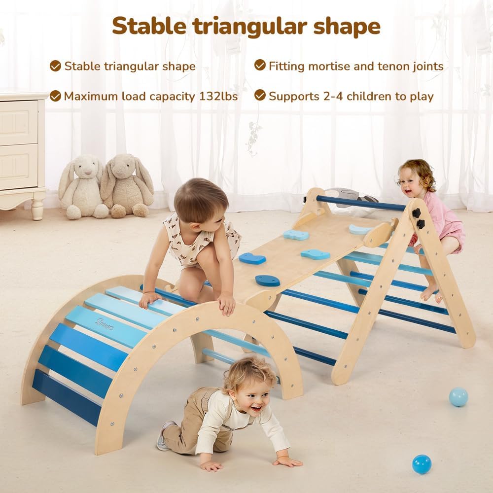 Pikler Triangle Set with Cushion, 8-in-1 Toddler Climbing Toys Indoor, Wooden Montessori Climbing Set with Arch Ramp,Ladder&Tent Cloth, Baby Indoor Climber Jungle Gyms for Toddlers Toy, Blue