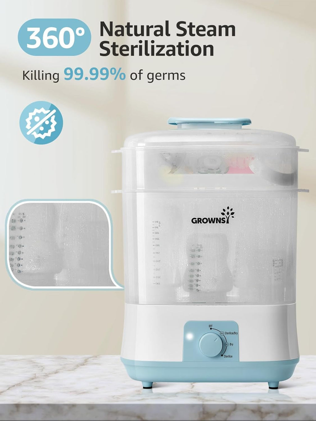 GROWNSY Adjustable 3 in 1 Large Bottle Sterilizer and Dryer, Electric Steam Baby Bottle Sterilizer, Bottle Sanitizer for Baby Bottles & Pacifiers, Breast Pump Parts Blue