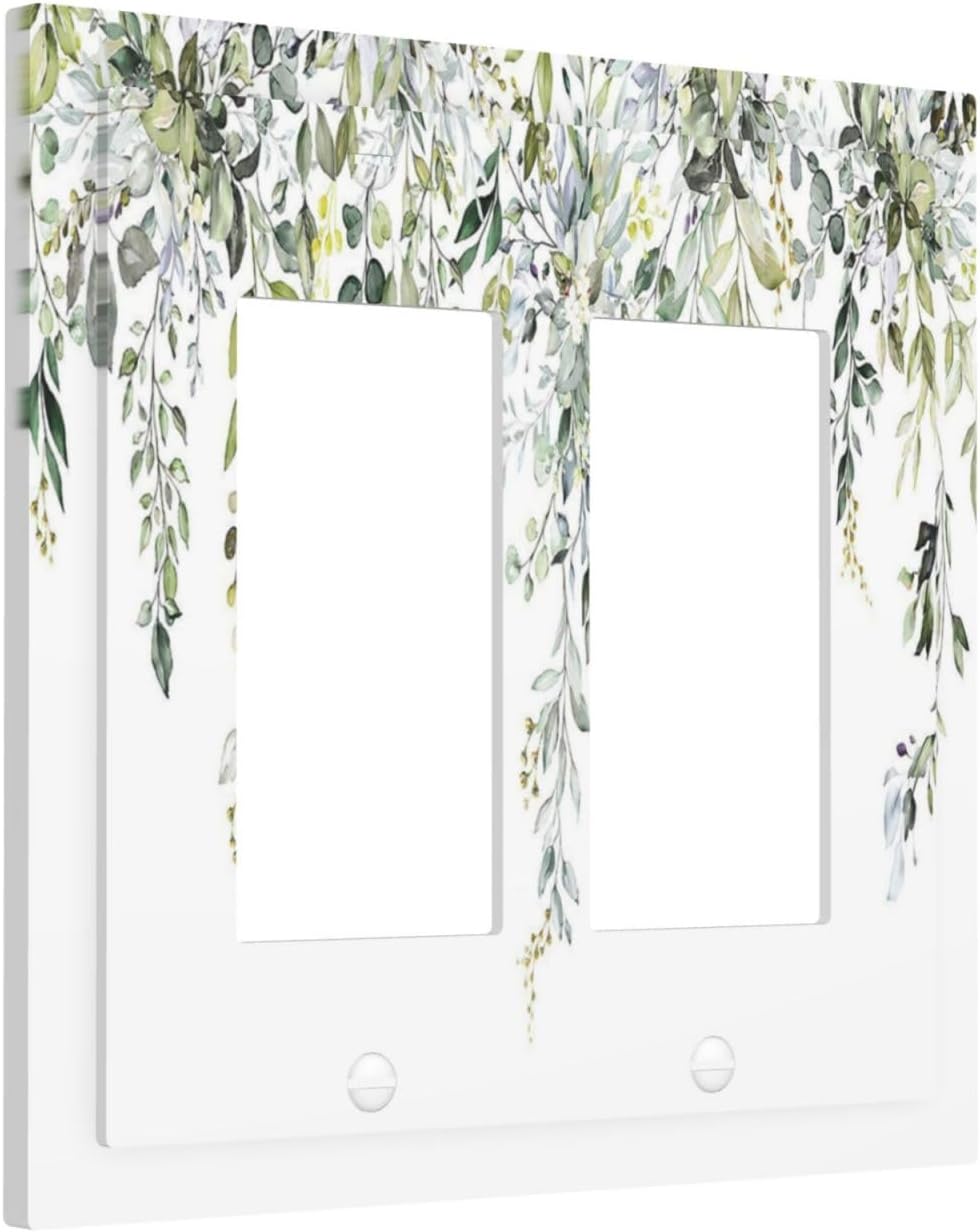 Decorative Outlet Covers Boho Farmhouse Flower Leaf Sage Green 2 Gang Double GFCI Rocker Electrical Wall Panels Light Switch Cover Plate for Bedroom Cabin Decor
