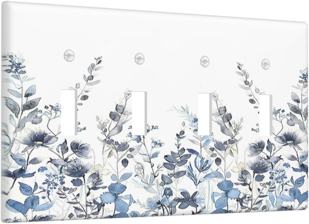 Light Switch Covers Light Blue Watercolor Leaves Plant With Floral Quad Toggle Electrical Faceplate 4 Gang Wall Plate Decorative Switch Plates for Bedroom Bathroom Decor