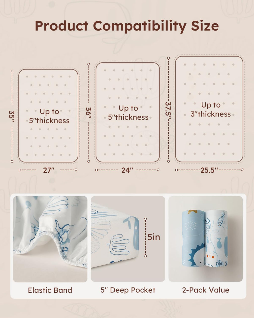 Yoofoss Baby Pack and Play Sheets 2 Pack for Boys and Girls - 38x26 Mini Crib Sheets Fitted Neutral Compatible with Graco Pack n Play Mattress,Ultra Soft Breathable Microfiber Underwater World