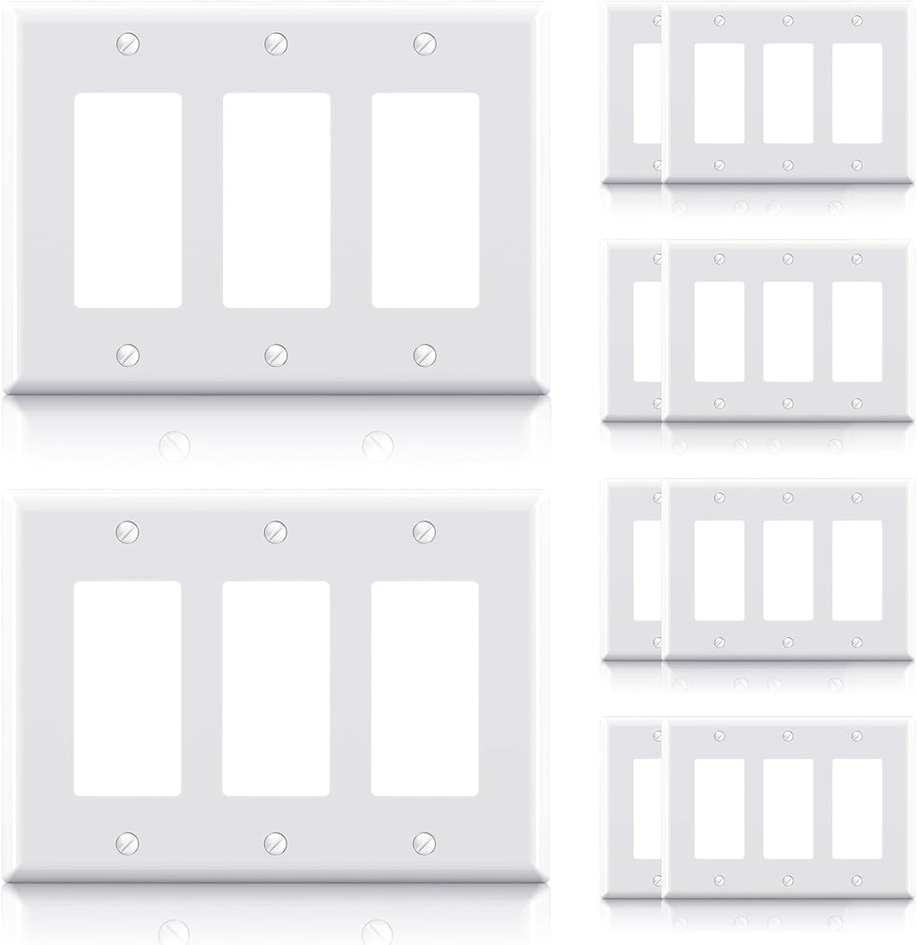 ELEGRP 3-Gang Decorative Wall Plates, Mid-Size 4.88" H x 6.75" L Unbreakable Thermoplastic Faceplate Cover for Decorator Receptacle Outlet Switch, UL Listed (10 Pack, Glossy White)