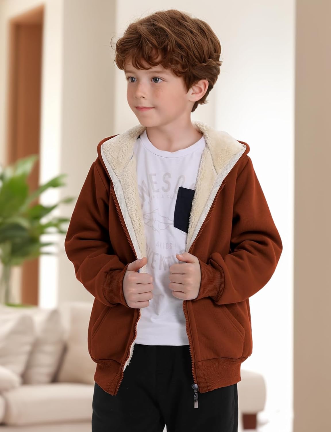 Gihuo Unisex Boy's Girls Winter Warm Sherpa Lined Zip Up Sweatshirt Fleece Jacket Kid's Hoodie Outerwear