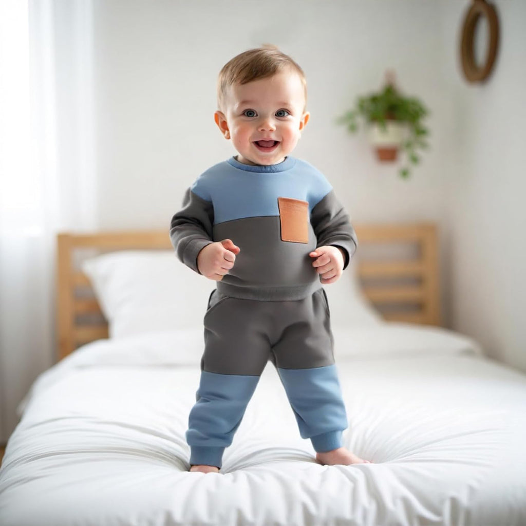 Kupretty Toddler Baby Boy Fall Winter Clothes Color Block Long Sleeve Sweatshirt Pullover Tops + Joggers Pants Outfit Set