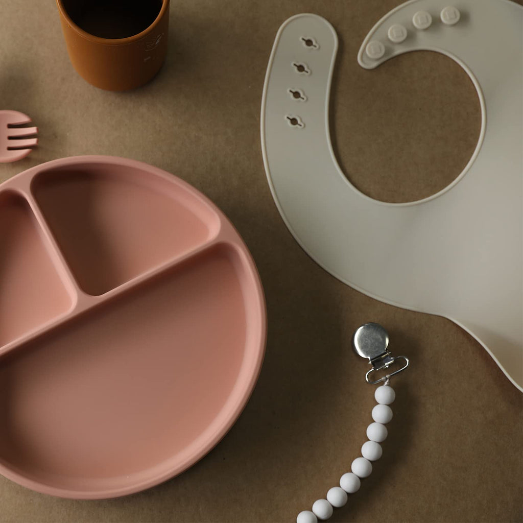 Moonkie Silicone Baby Bibs Set Of 2, BPA Free Soft Adjustable Fit Waterproof Feeding Bibs for Babies and Toddlers(Dark Grey/Warm Taupe)