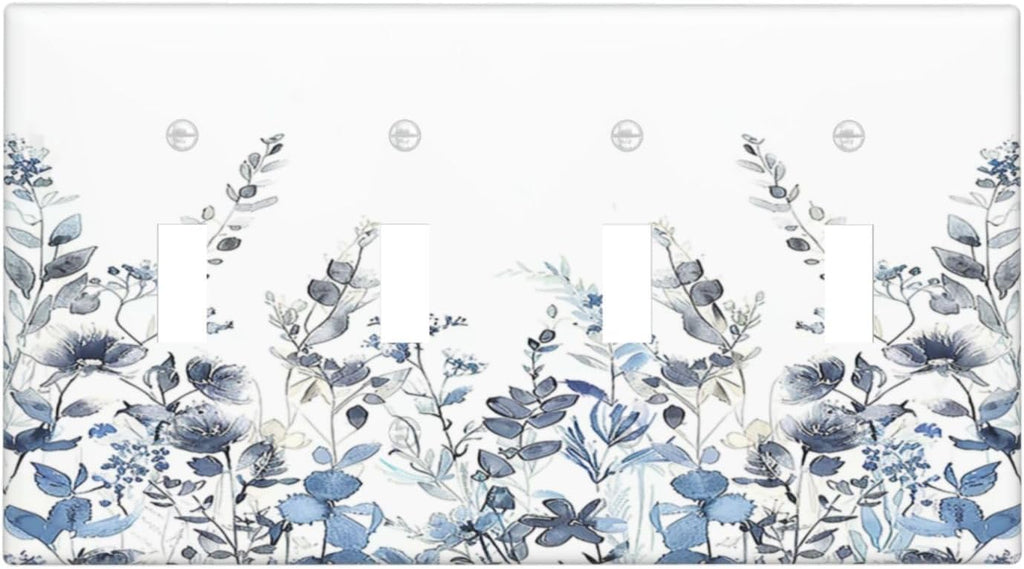 Light Switch Covers Light Blue Watercolor Leaves Plant With Floral Quad Toggle Electrical Faceplate 4 Gang Wall Plate Decorative Switch Plates for Bedroom Bathroom Decor