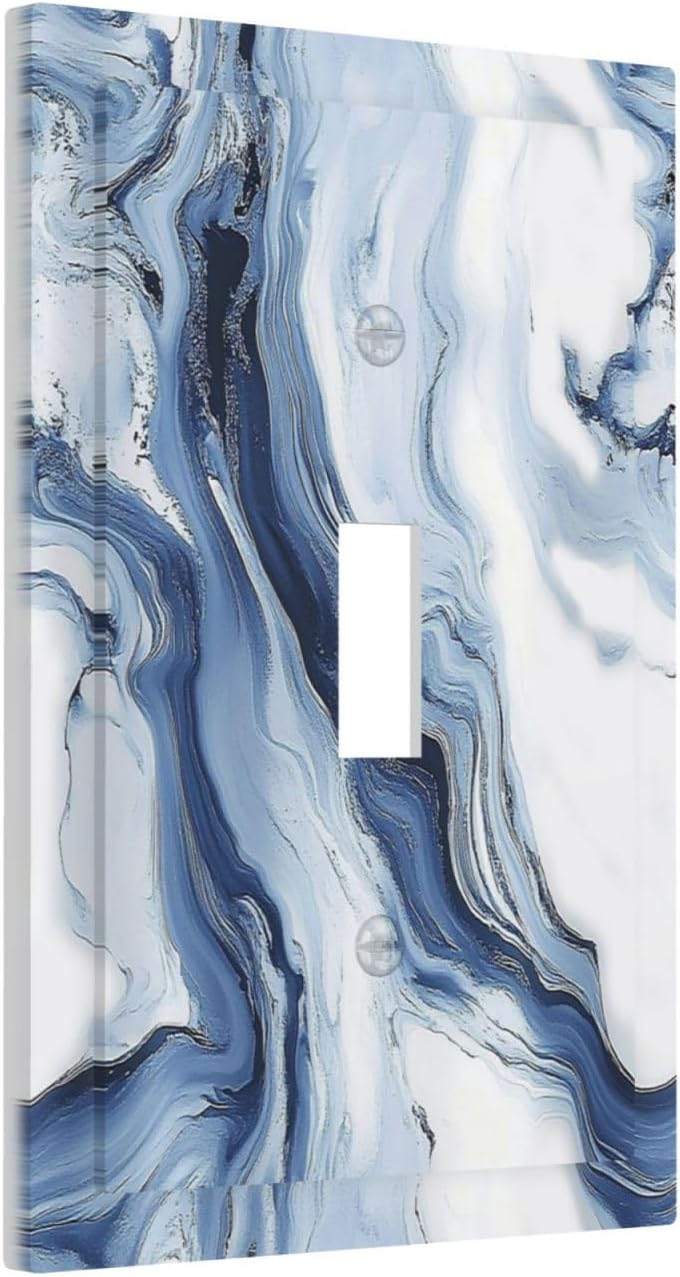 Decorative Light Switch Cover White Marble Navy Blue Line Fluid 1 Gang Single Toggle Device Electrical Faceplate Switchplates Decorator Outlet Wall Plate For Bathroom Kitchen Decor