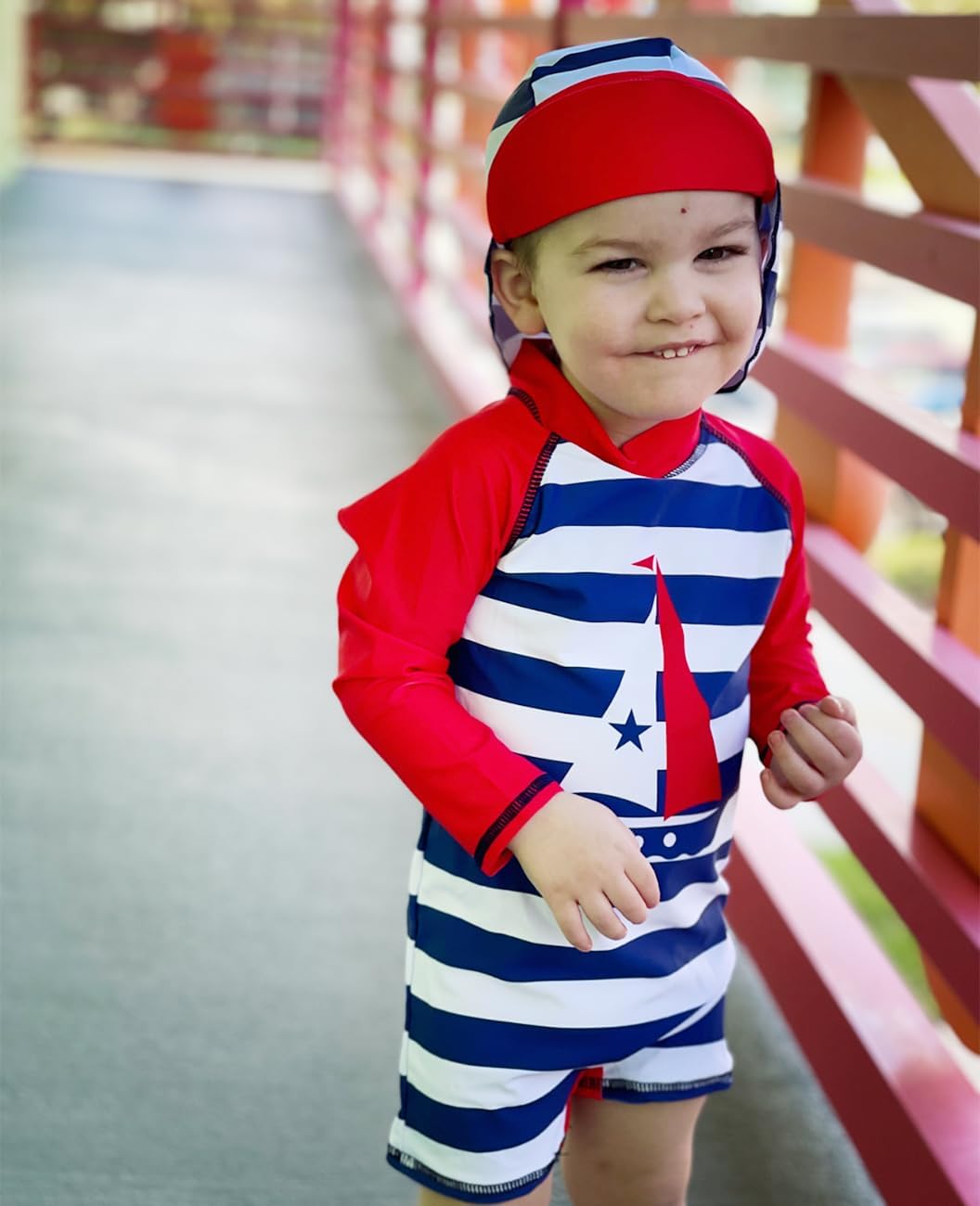 uideazone Baby Boys One Piece Swimsuit Long Sleeve UPF 50+ Rash Guard Bathing Suit Swimwear with Sun Hat 0-24 Months