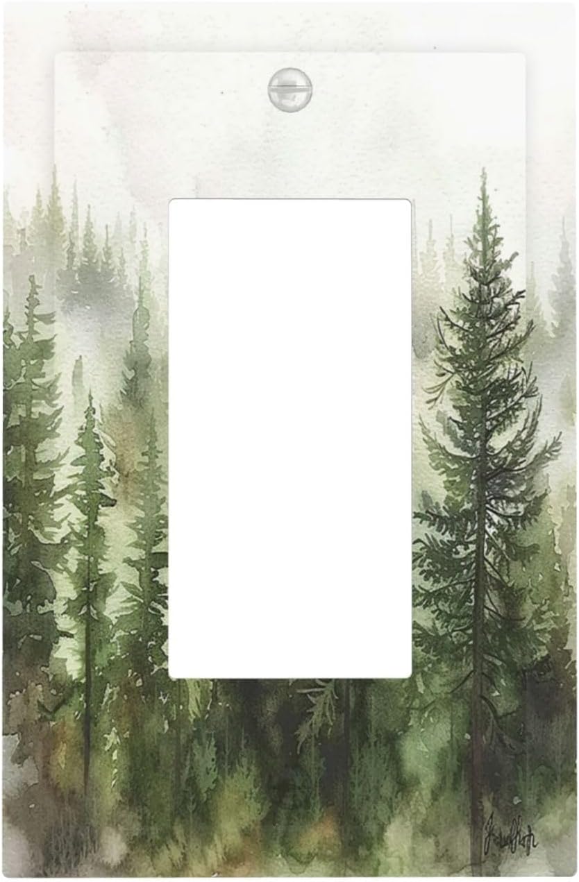 Decorative Outlet Covers Green Forest Watercolor Painting Foggy Pine 1 Gang Single Rocker Light Switch Cover Plate Wall Plates GFCI Faceplate for Bedroom living Room Decor