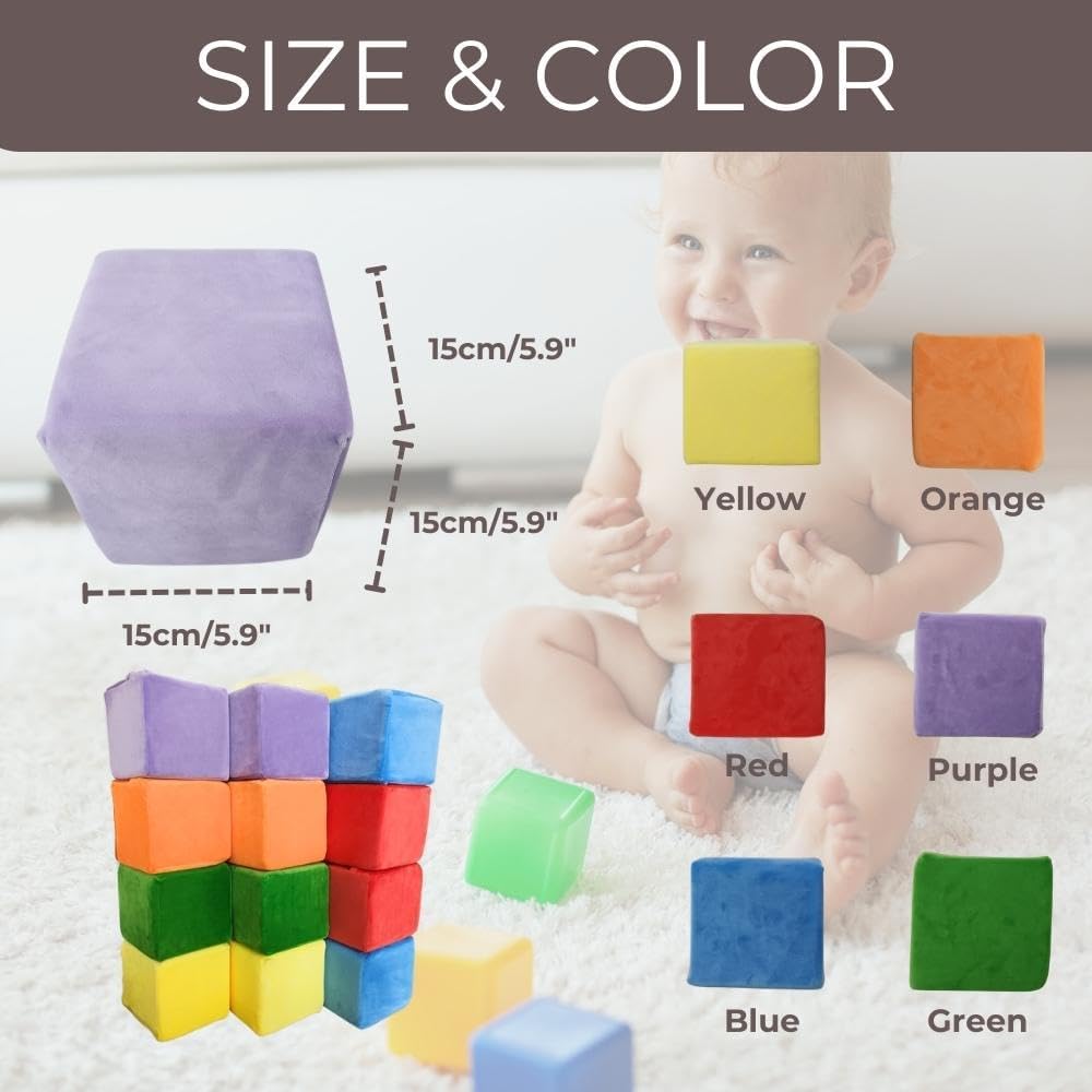 Wonder Space Plush Foam Blocks - Nursery Building & Stacking Toys for Toddlers Boys & Girls, Soft Smooth Velvet Cover, Early Education Gross Motor Skills & Brain Development (12 Cubes, Classic)
