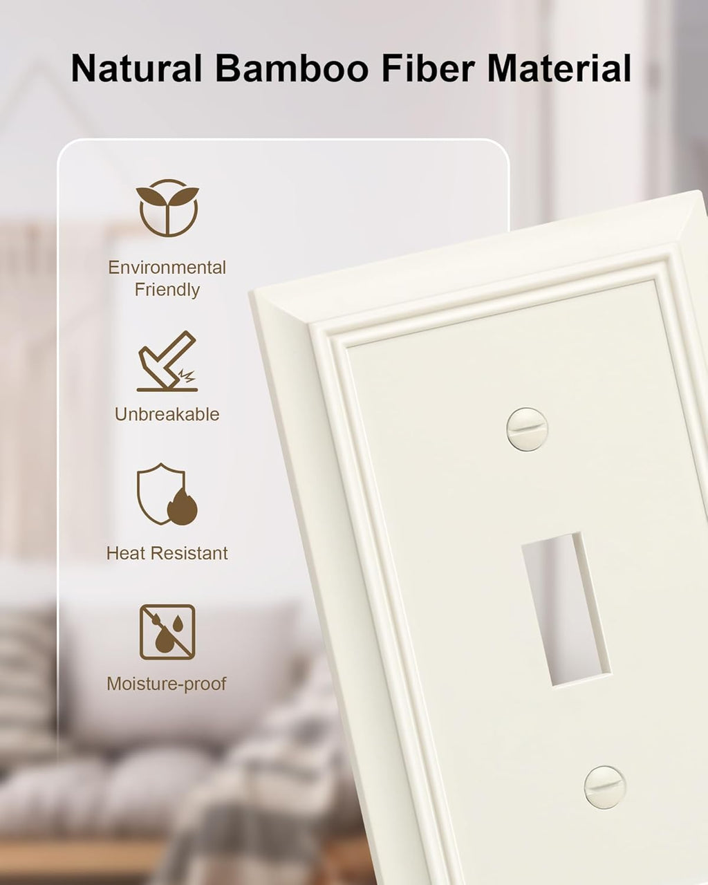 6-Pack Single Toggle Light Switch Cover Plate, Durable Natural Bamboo Fiber Decorative Switch Plate Covers, Light Almond 1 Gang Wall Plate, Corrosion Resistant