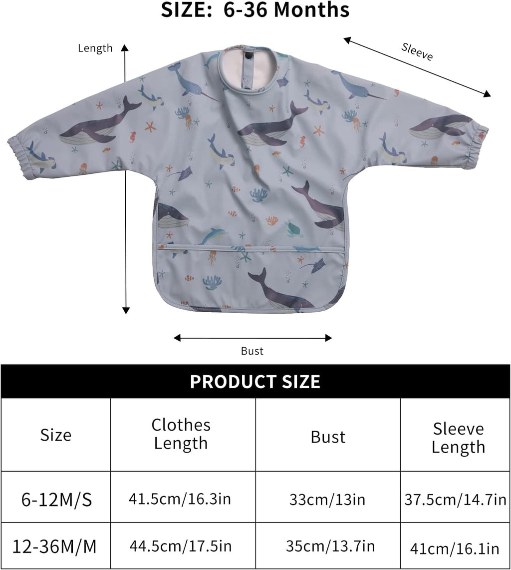Long Sleeve Baby Bibs for Toddlers, Waterproof, Boys Girls Smock with Food Catcher Pocket for Feeding, Eating