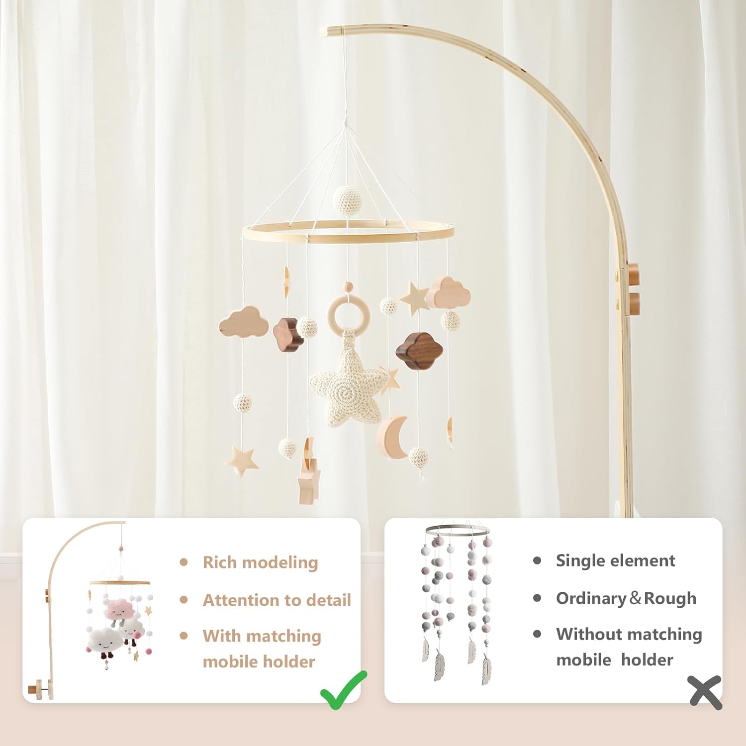 Baby Crib Mobile with Arm Boho Star Moon Nursery Mobile Set Wooden Baby Mobile Holder for Hanging Nursery Decor Ceiling Mobile