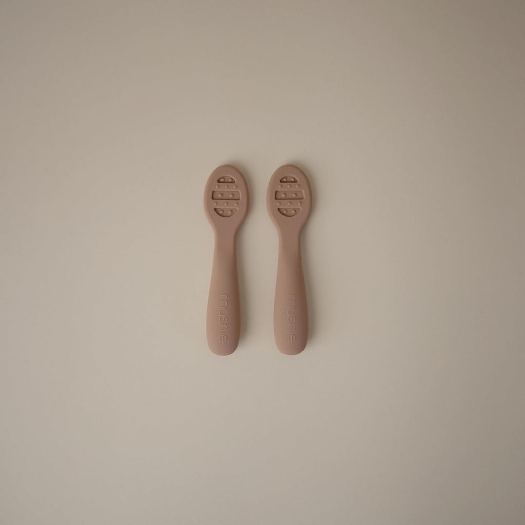 mushie Silicone First Feeding Baby Spoons | 2 Pack (Natural/Shifting Sand)
