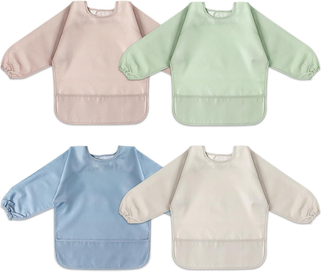 4 Pack Long Sleeve Bib, Waterproof Sleeved Smock for Baby Boy or Girl, Reusable Bib with Pocket, Ages 6-24 Months