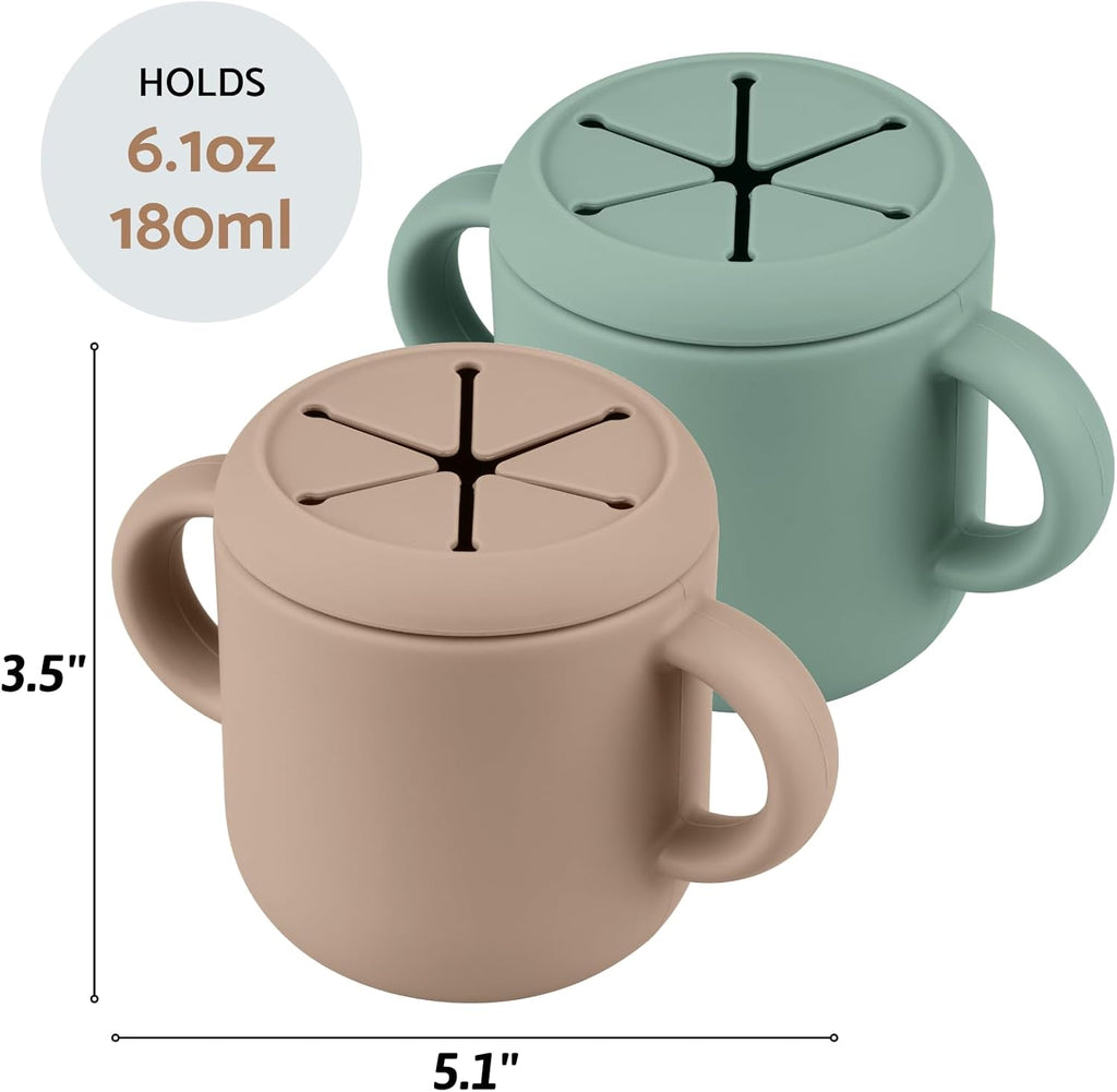 Snack Containers, Silicone Snack Cups for 6-12 Months Toddlers - Pack of 2 Food Grade Silicone Snack Cups with Grip Handle for Baby Led Weaning, Unbreakable (Natural/Cambridge Blue)