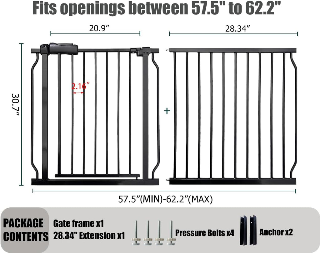 Extra Wide Baby Gate, 57.5-62 Inch - Black Metal, Pressure Mounted Indoor Safety Gate, Walk-Through Dog Gate for Kids & Pets, 30 Inch Tall