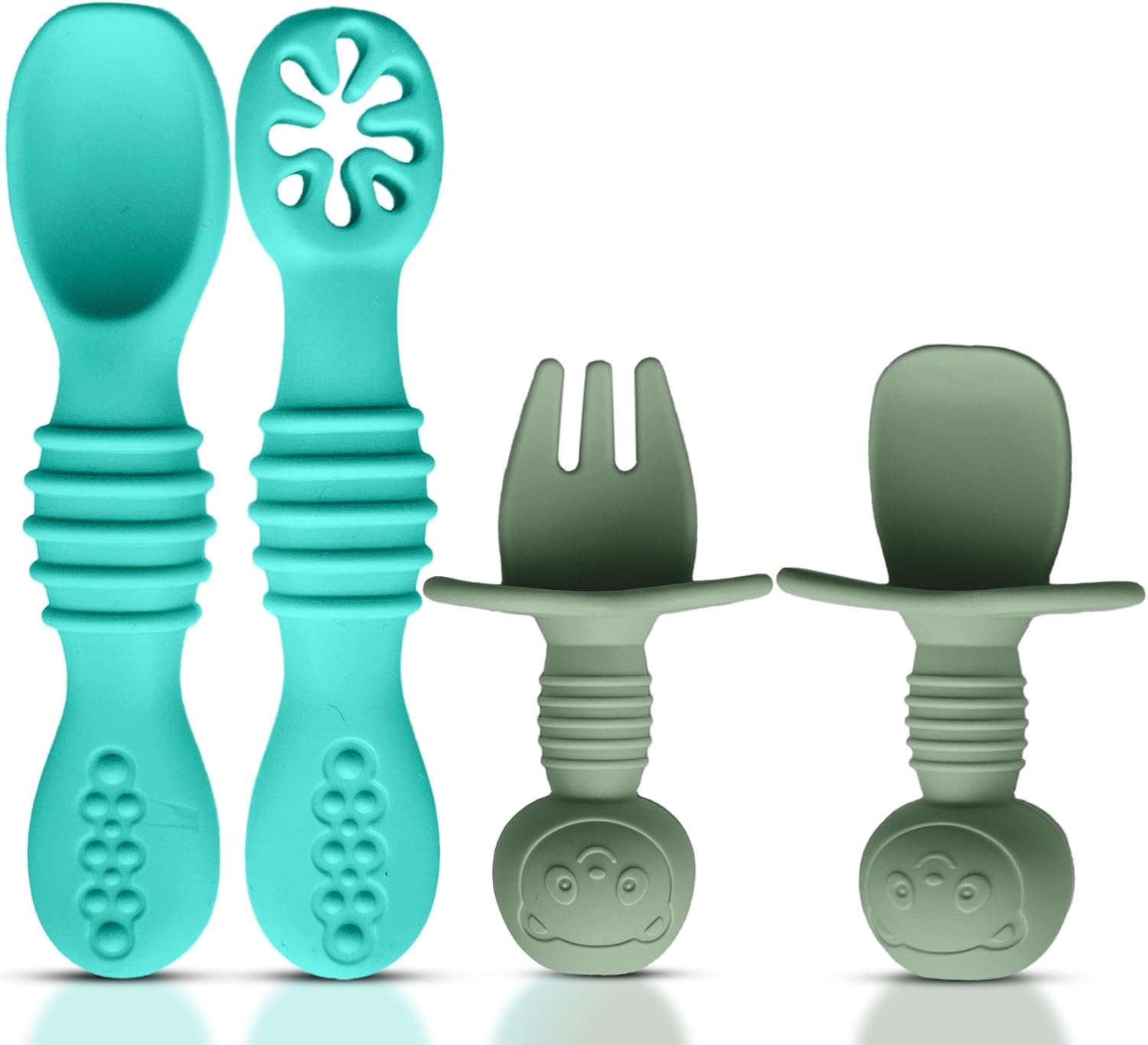 4pc Silicone Baby Spoons Self Feeding Baby Utensils 6-12 Months - 3 Baby Spoon - 1 Baby Fork - Toddler Cutlery Set - BPA Free, Dishwasher Safe - Baby Eating Essentials (Turquoise/Pickle)