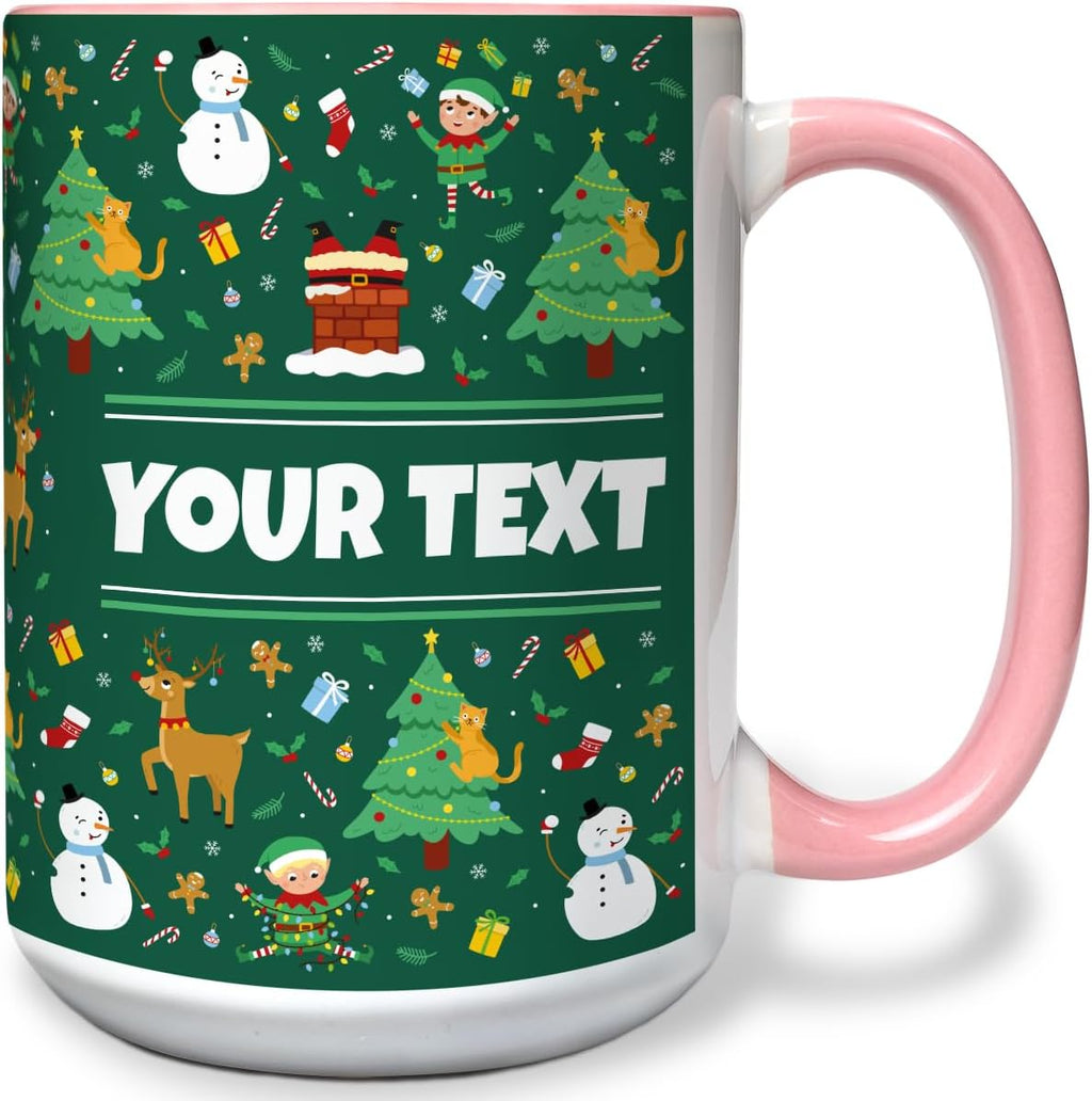 Personalized Mug for Kids - Christmas - Custom Name/Text, Ceramic Hot Chocolate/Cocoa/Coffee Cup for Boys/Girls, Holiday/Birthday Gift - 15 oz, Pink Handle