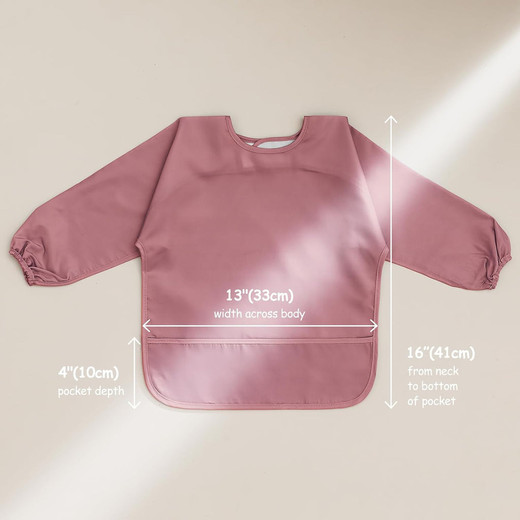 4 Pack Long Sleeve Bib, Waterproof Sleeved Smock for Baby Boy or Girl, Reusable Bib with Pocket, Ages 6-24 Months