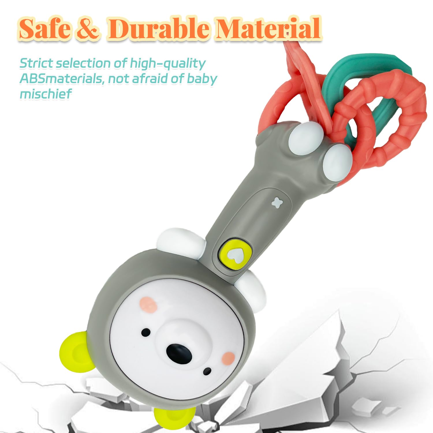 Baby Music Rattle, Teething Toys for Infants 6-12-18 Months Toddlers, Light-Up & Chew Sensory Toys for Baby Boy Girl Gifts (Grizzlies)