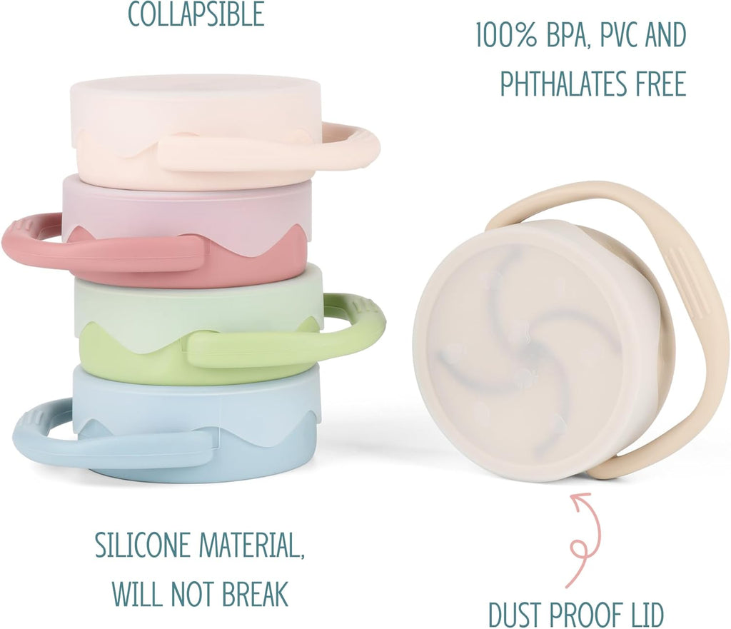 Silicone Snack Cups for Toddlers, Snack Containers with Lids, Foldable Baby Food Catcher with Holders and Dustproof Lid, 2 Pack (Color 3)