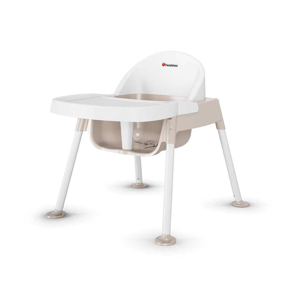 Foundations Secure Sitter 9" Feeding Chair, Stable “No Tip” Feet, 3-Point Adjustable Harness, Removable Tray, Easy to Clean, Smooth Plastic (White/Tan)