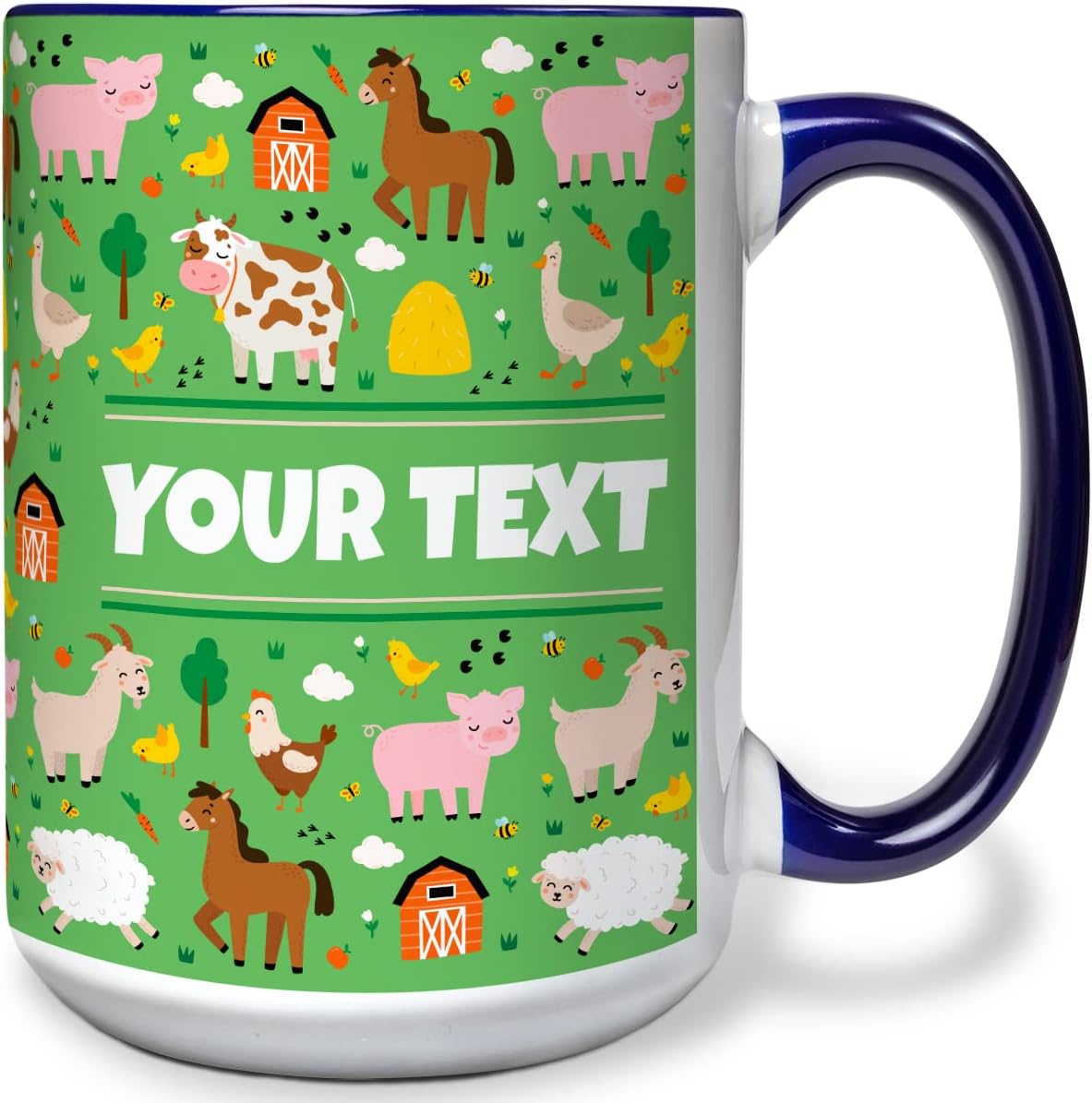 Personalized Mug for Kids - Farm Animals - Custom Name/Text, Ceramic Hot Chocolate/Cocoa/Coffee Cup for Boys/Girls, Birthday/Christmas/Holiday Gift - 15 oz, Navy Blue Handle