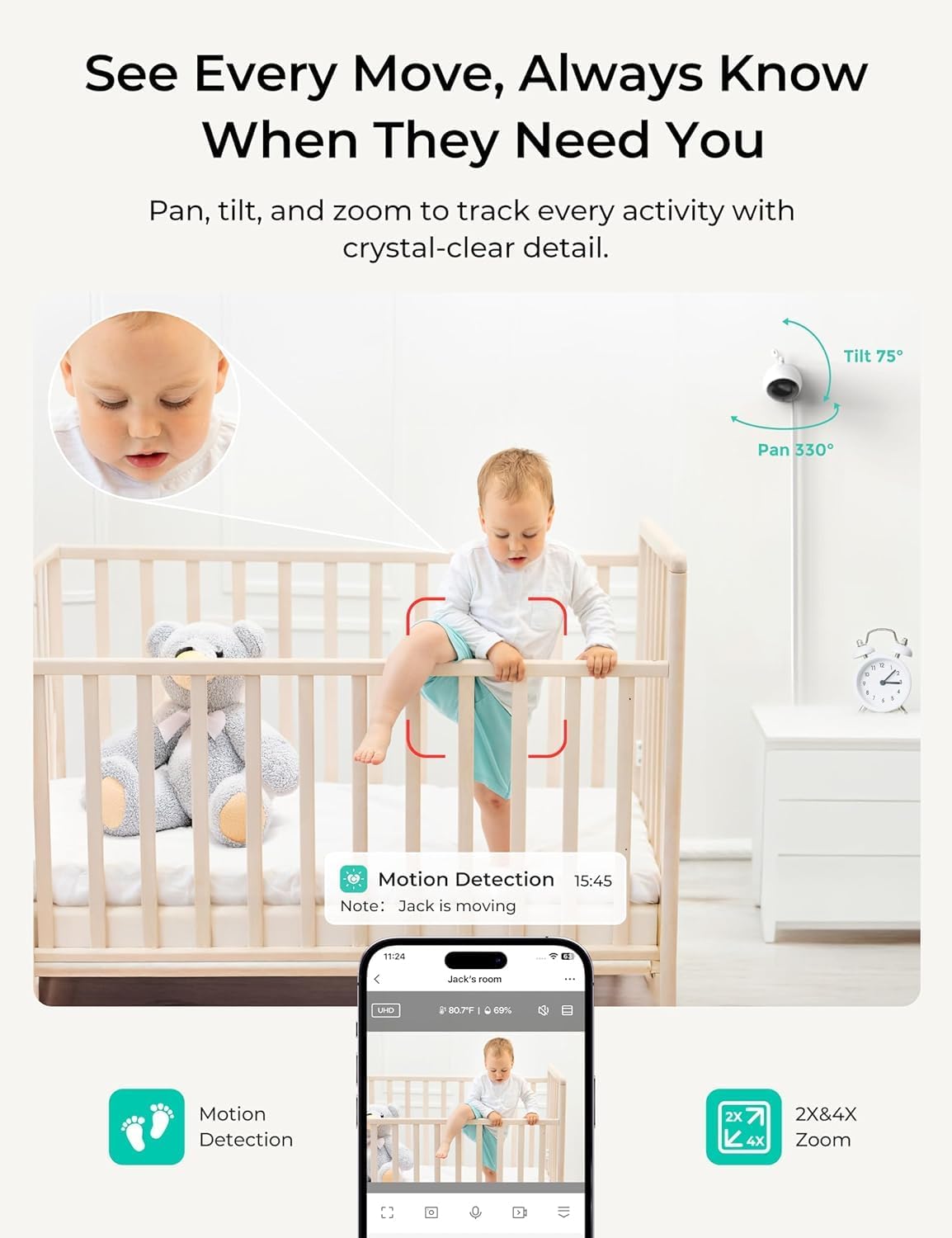 VistaView Lite Smart WiFi Baby Monitor with 2 Cameras- 4” 720P Split Screen & 1080P Camera App Control, Motion Alerts, Night Vision, 3000mAh Battery, 2-Way Talk, Triple Security, 1000ft Range
