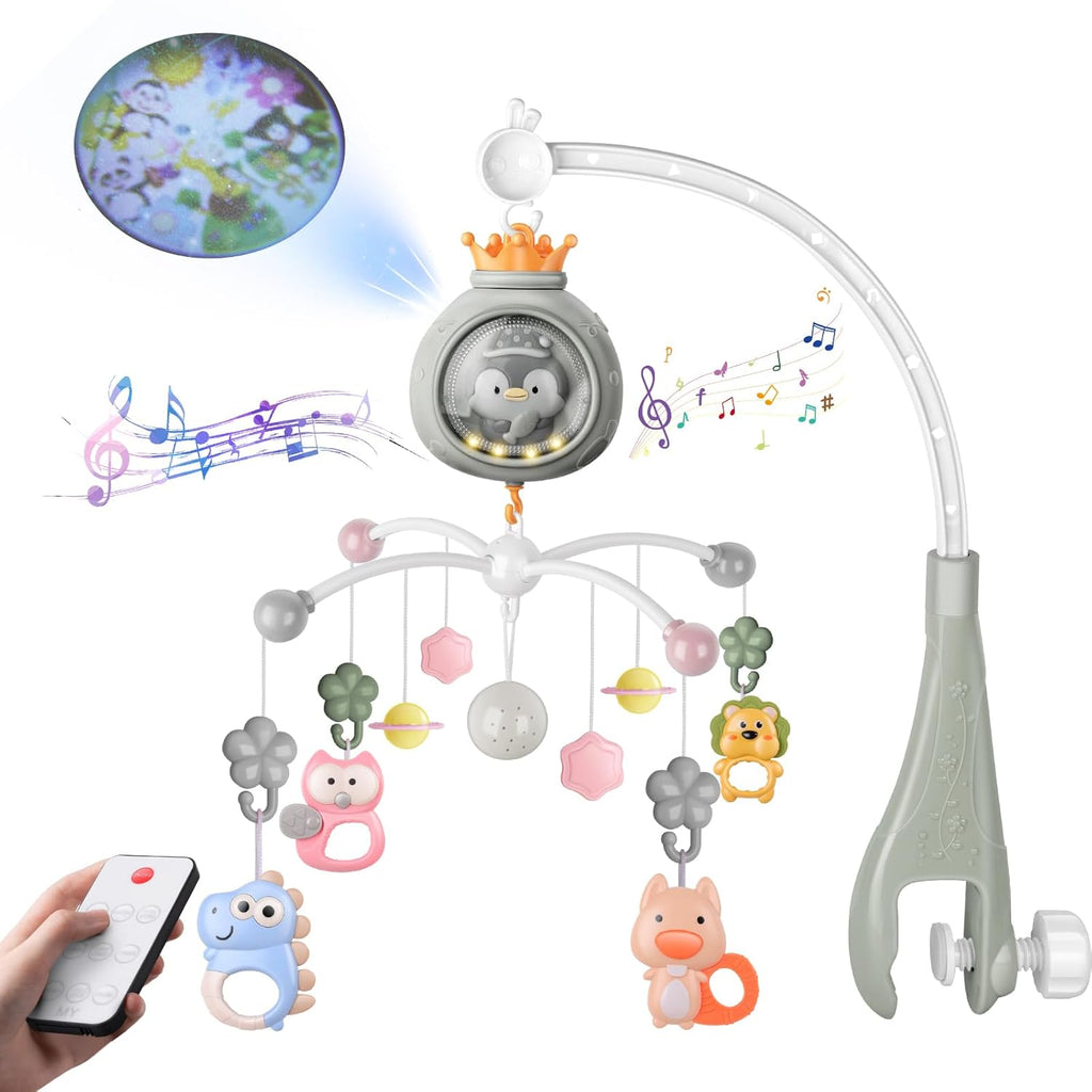 Crib Mobile with Music and Lights, Mobiles for Cribs, Baby Nursery Space Portable Infant Arm Hanger for Girls Boys Babies Bassinets Pack and Play Clip On Attachment, Toys Musical Hanging
