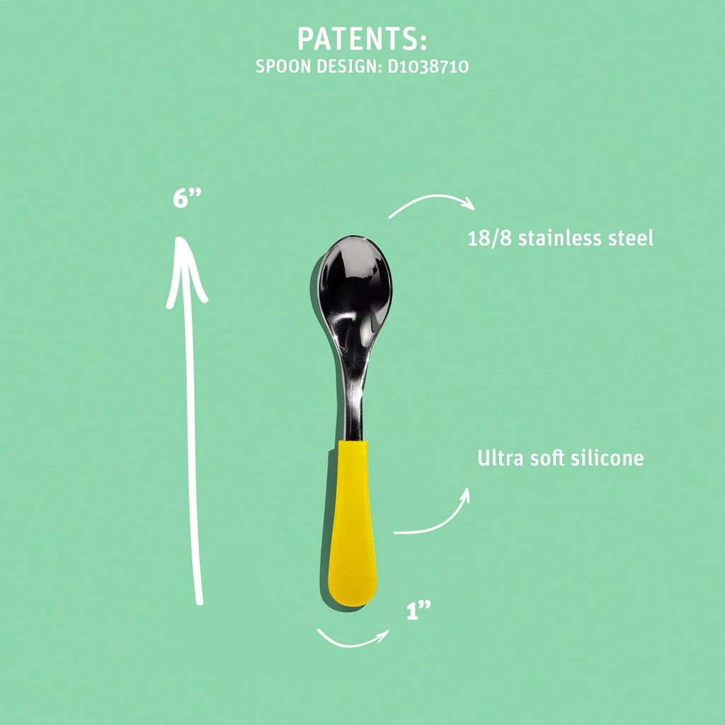 Avanchy Baby Spoons Set, Stainless Steel and Silicone Spoon Utensils, Toddler Baby Led Weaning Silverware Cutlery Flatware, Kids First Self Feeding 4 Pack, Green, Blue, Pink and Black