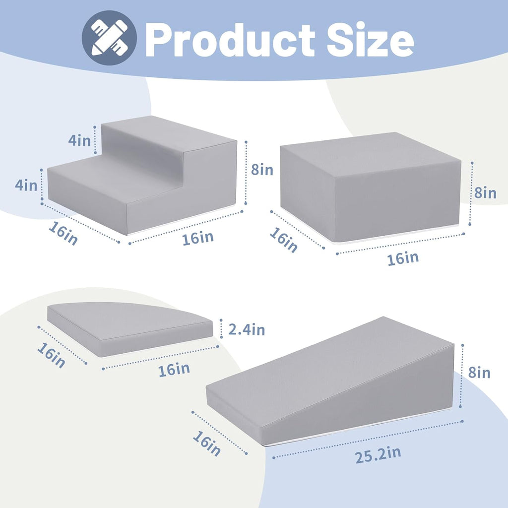 4-Piece PU Leather Baby Foam Climbing Blocks for Toddlers - Soft Play Climbing Toys for Toddlers - Foam Climbing Set for Crawling and Sliding Indoor (Gray)