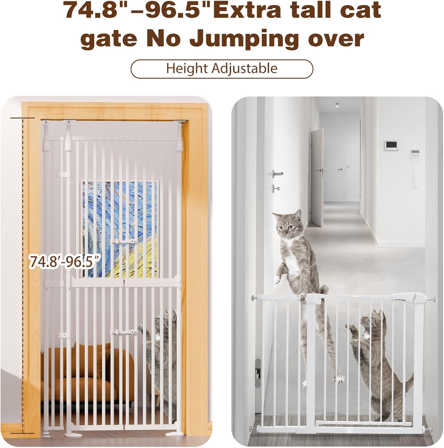 Glaf 74" Extra Tall Cat Gat, 30.31-38.19" Wide Adjustable Cat Door Pressure Mounted Pet Gate with Extra Narrow Gap Auto Close Dog Safety Gate for Doorways, Kitchen,Stairs
