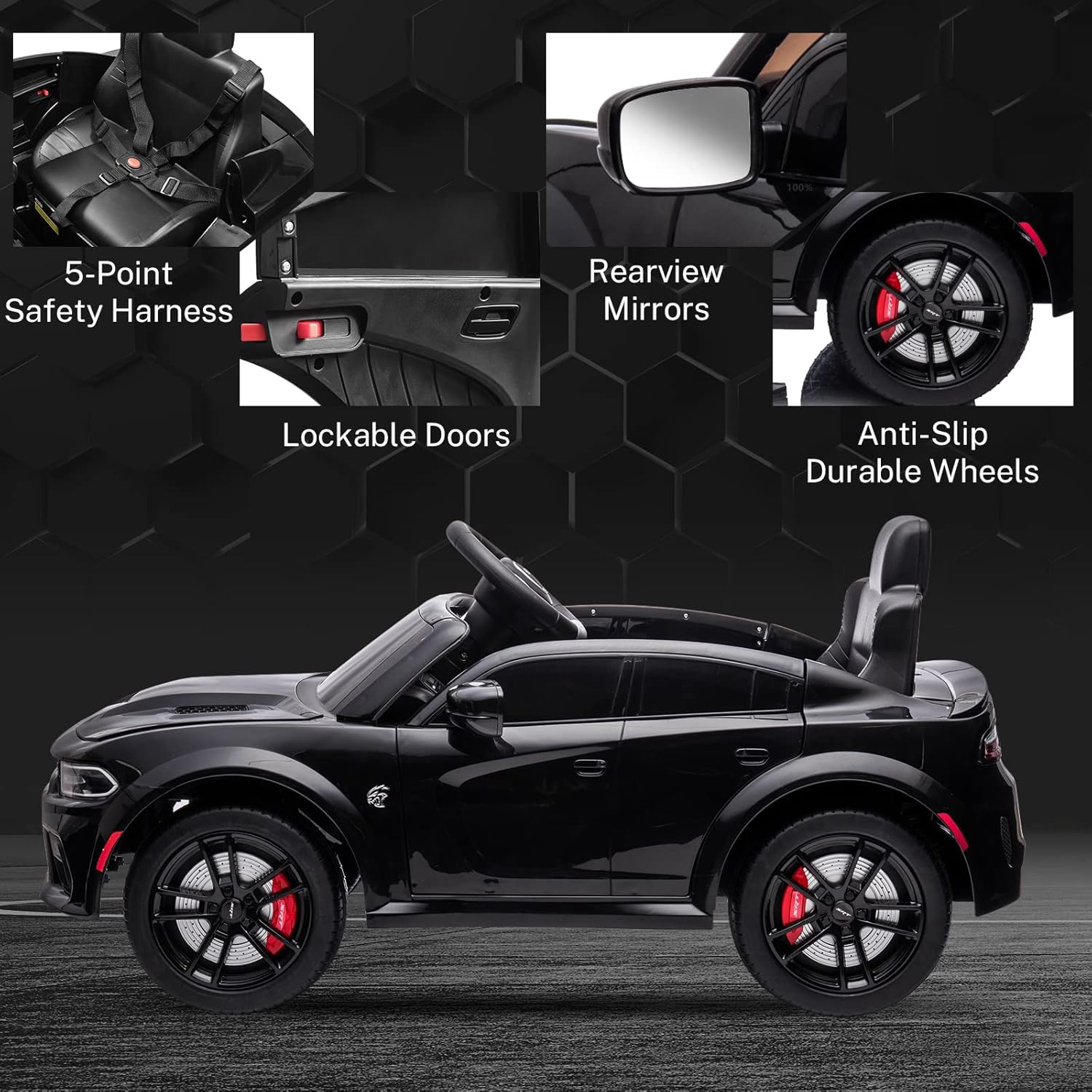 12V 7Ah Kids Electric Ride on Car, Licensed Dodge Charger SRT Hellcat, Battery Powered 4-Wheels Toy Car Electric Vehicle for Kids with Remote Control, 3 Speeds, LED Lights, Music (Black)