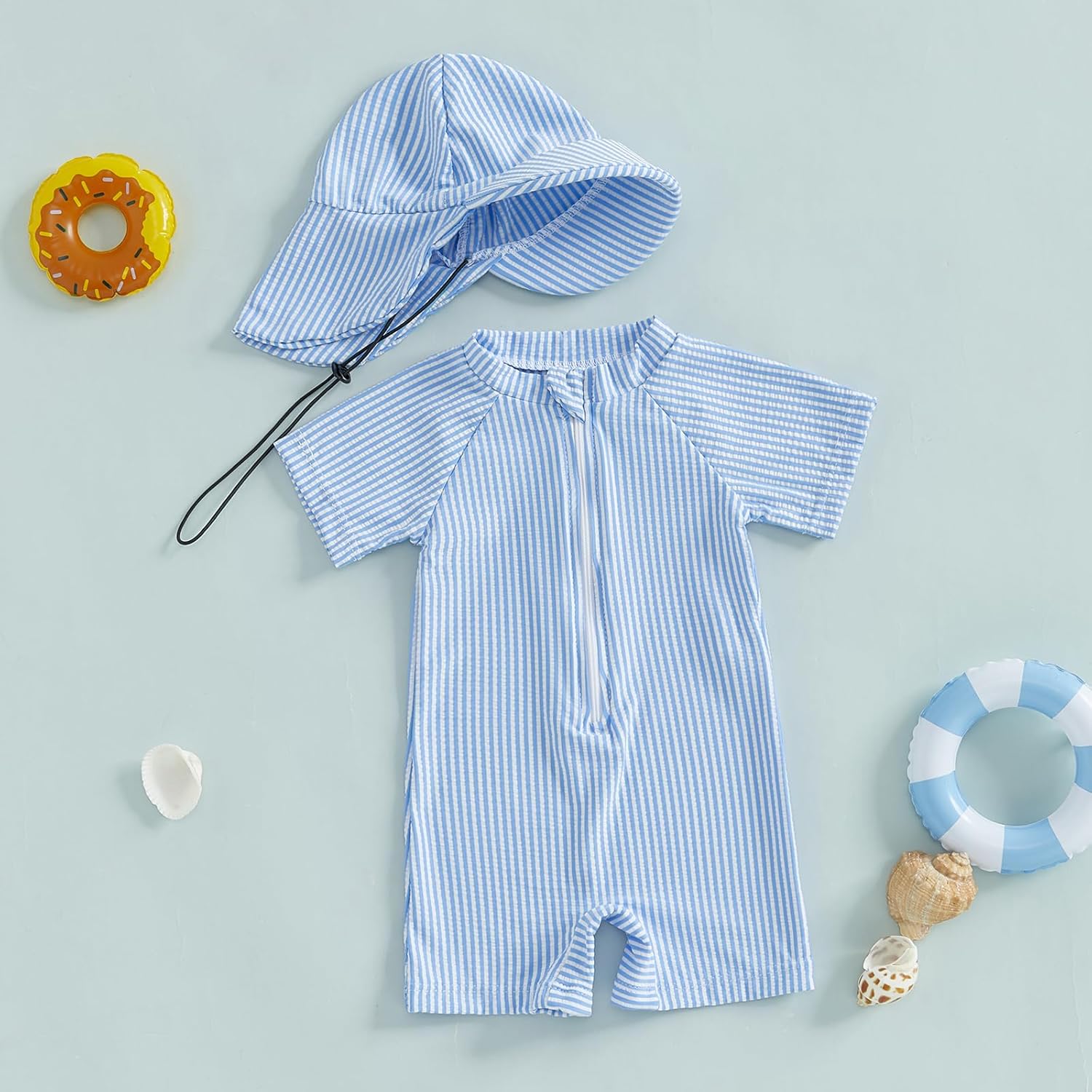 Toddler Baby Boys Seersucker Short Sleeve One Piece Rash Guard Swimsuit Zipper Bathing Suit Swimwear with Hat
