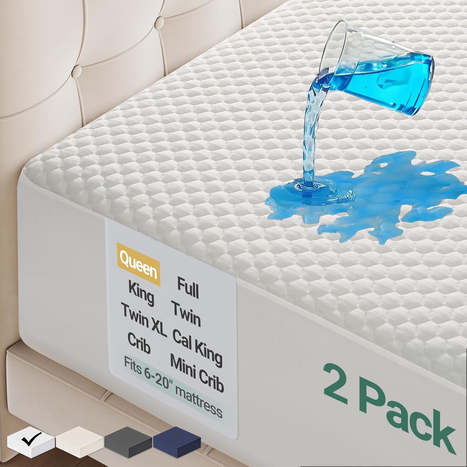 Ohgeni 100% Waterproof Mattress Protector, Queen Size-2 Pack, Fitted Sheet with Stretchable Pockets, Deep Sleep Noiseless Soft. Breathable Cooling Hypoallergenic Material, Mattresses Cover for Bed