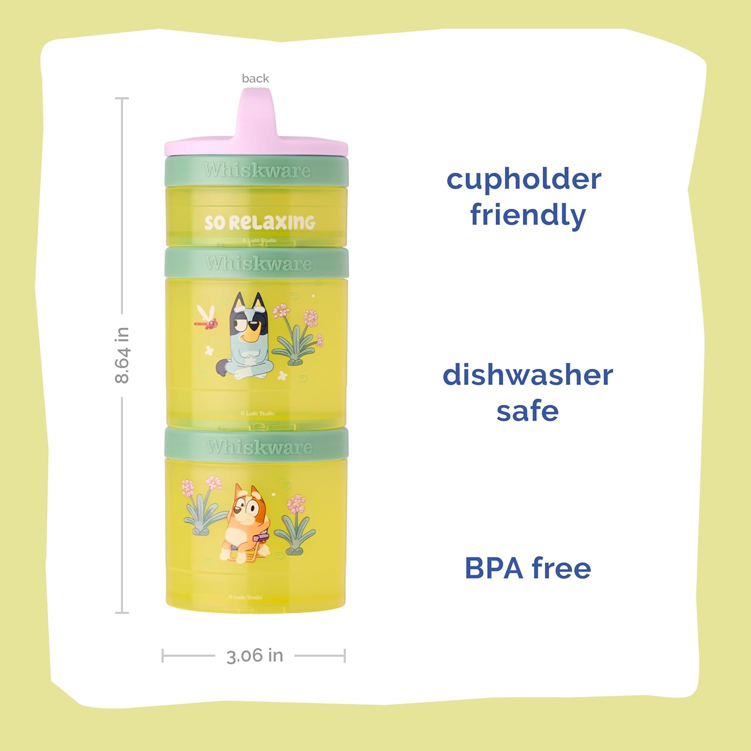 Whiskware Bluey Stackable Snack Containers for Kids and Toddlers, 3 Stackable Snack Cups for School and Travel, Bluey and Bingo, So Relaxing!