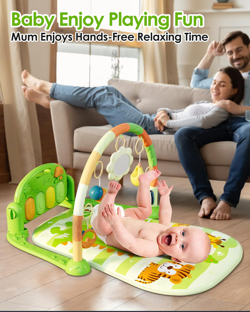 Dearlomum Baby Play Mat & Gym, Funny Piano Tummy Time Activity Mat with 5 Sensory Toys, Music & Lights - Boy & Girl Gifts (0-12 Months, Green)