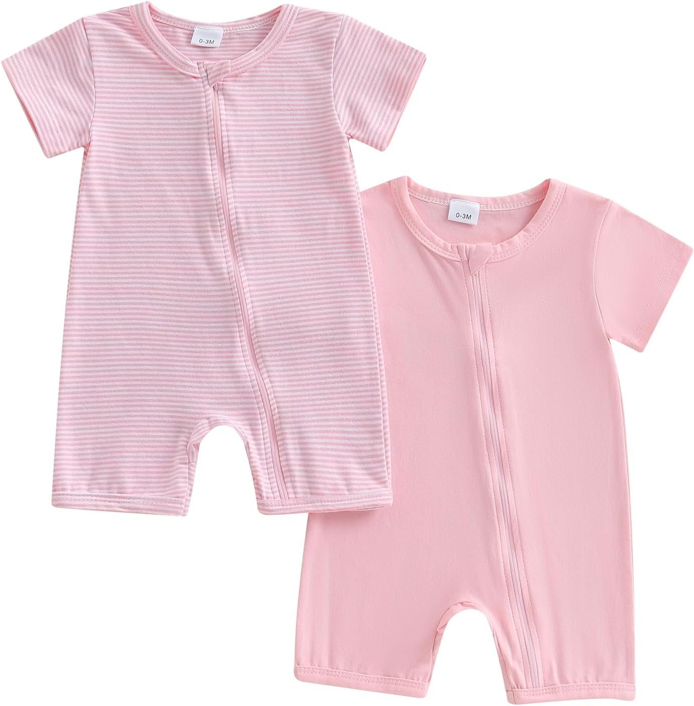 Merqwadd Baby Boy Girl 2 Pack Romper Short Sleeve Zipper Jumpsuit Plain Summer Clothes