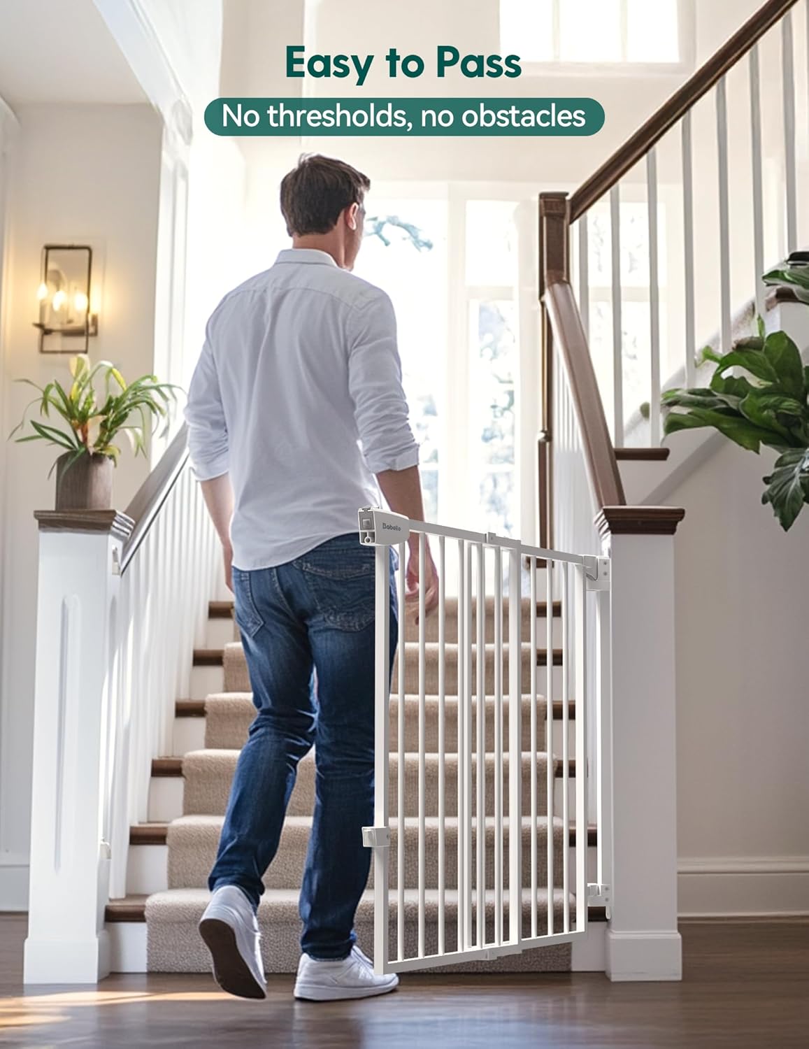 Babelio 34" Tall No Bottom Bar Baby/Dog Gate for Stairs, House and Doorways, 29.7-46.5" Auto Close Safety Pet Gates with Large Walk Thru Door, Hardware Mount, White