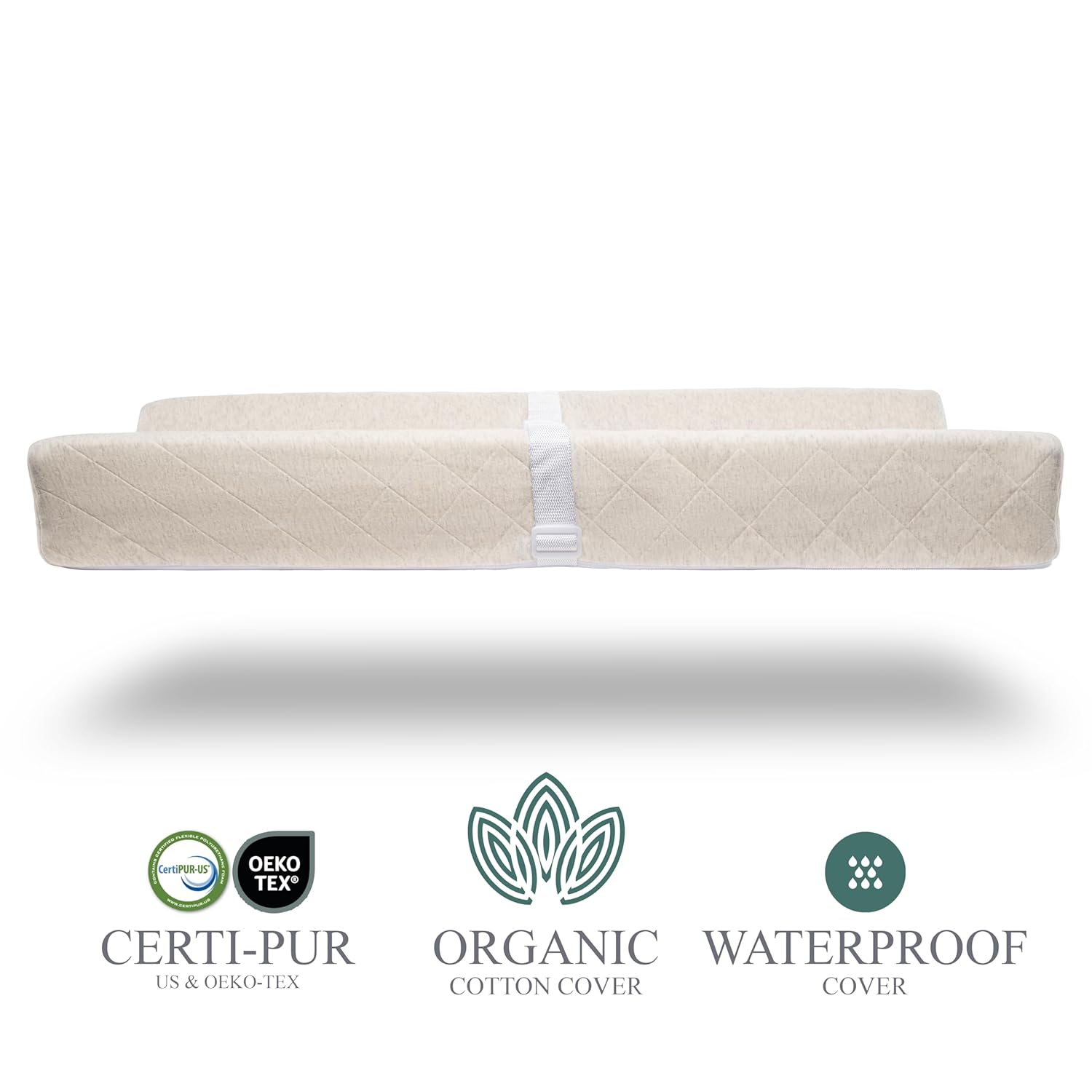 Organic Cotton Contoured Baby Changing Pad w/Waterproof Foam Mattress, Includes Soft, Removable & Washable Cover, Safety Strap, Non-Slip Bottom, Topper for Standard Size Infant Diaper Table & Dresser